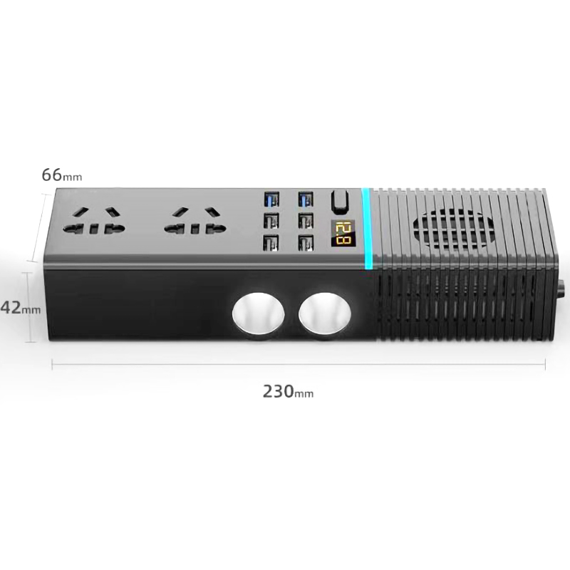 Bộ đổi nguồn 12V sang 220V công suất 200W 4 chân cắm USB, 2 cổng sạc nhanh,2 đầu cắm tẩu