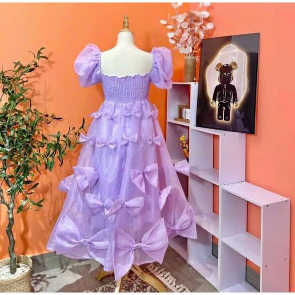 Váy đầm nữ maxi tơ lụa dáng xòe tay bồng phối nơ xinh xắn