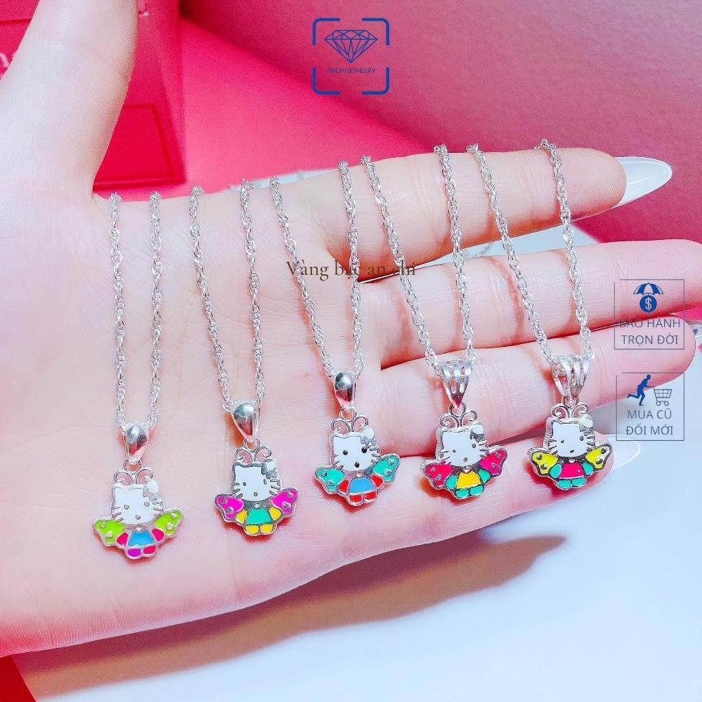 Vòng cổ bạc cho bé gái mặt nhân vật hoạt hình xanh đỏ hồng dễ thương,Anchi jewelry