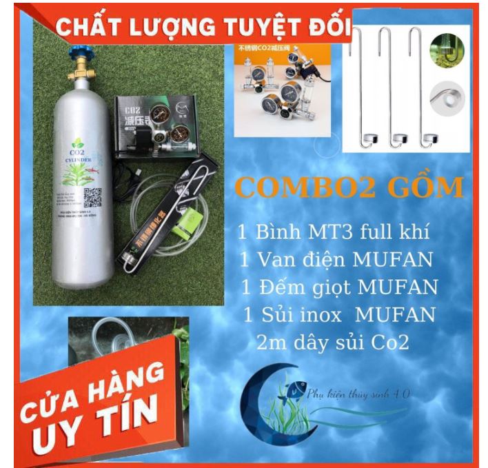 Bình Co2 + Bộ Van Điện/ Van cơ Mufan+ cốc sủi Mufan+2 mét dây sủi chống gập. Full bộ Co2
