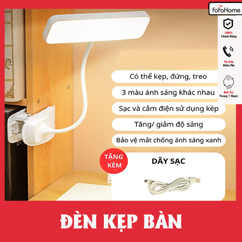 Đèn Học Để Bàn Đọc Sách Tích Điện Đèn Kẹp Bàn Học Giá Sách Bảo Vệ Mắt 3 Màu Ánh Sáng Khác Nhau Bóng Led Không Nóng Xoay 360 Độ - Hàng Nhập Khẩu
