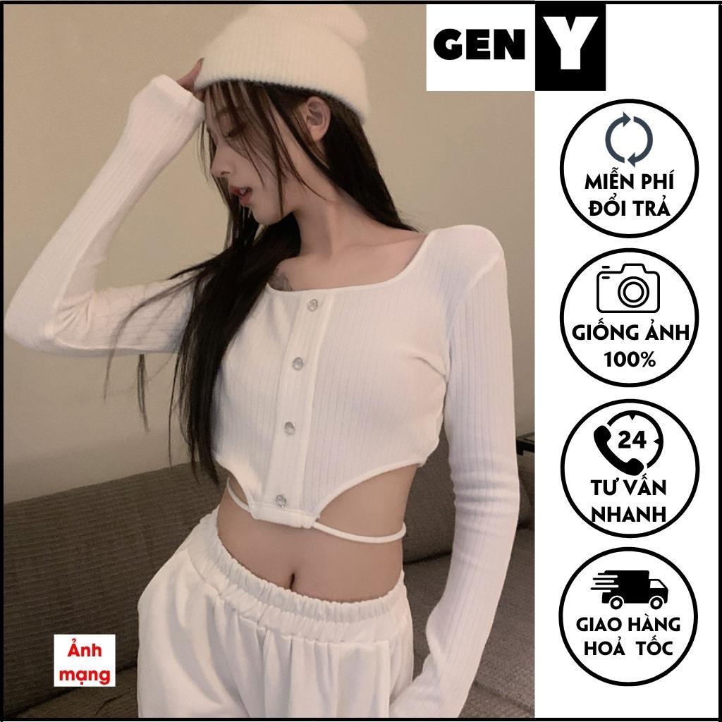 Áo croptop tay dài cổ vuông GenY - Áo kiểu nữ ôm body, eo phối dây cực tôn dáng, chất thun gân dày dặn