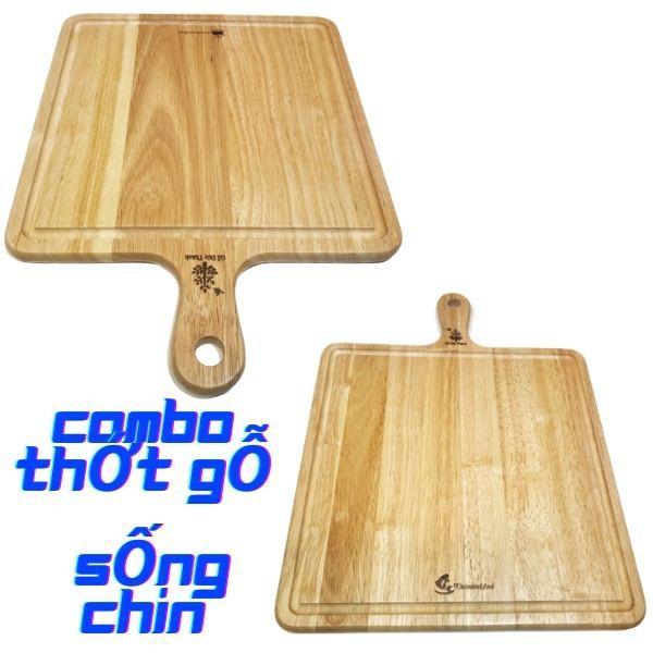 Combo thớt gỗ vuông có tay cầm khắc chữ phân chia thực phẩm sống và chín