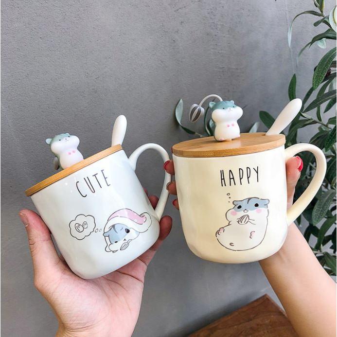 Cốc sứ, ly sứ hình chuột kèm nắp và thìa 400ml cực cute, họa tiết sắc nét bền đẹp