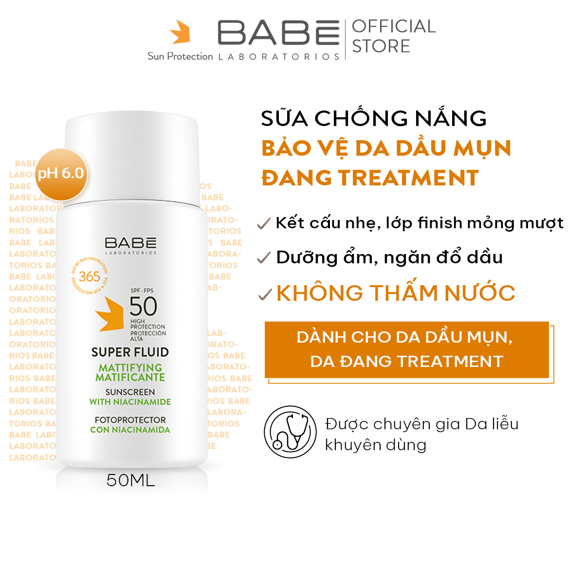 Kem chống nắng BABE Super Fluid Mattifying sunscreen SPF50 phổ rộng, kiểm soát dầu 50ml