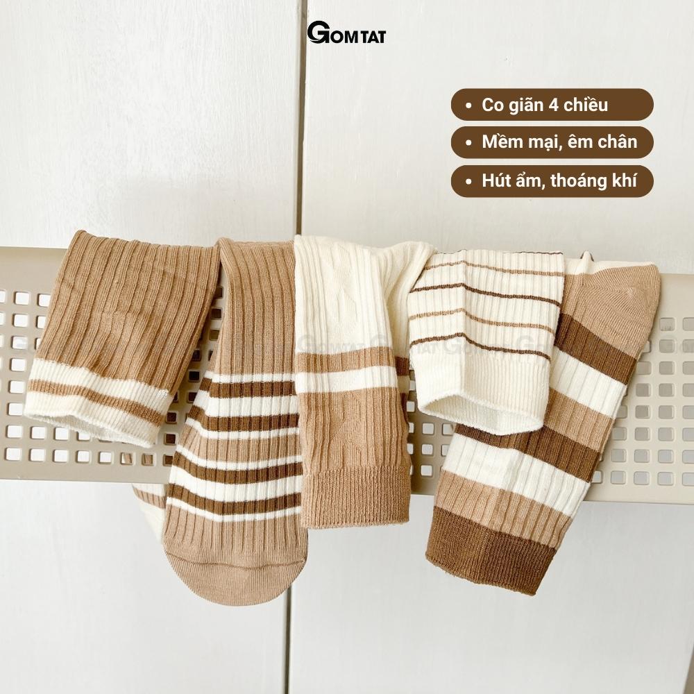 Tất nữ cổ cao GOMTAT phong cách Hàn Quốc phối màu kem và nâu, chất liệu cotton nhẹ mềm mại thấm hút thoáng khí - KOGOT-PO-3020-1DOI