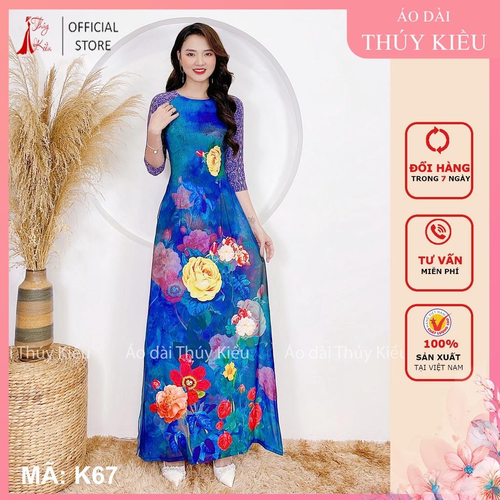 Áo dài nữ thiết kế đẹp may sẵn cách tân trung niên tết nền xanh K67 Thúy Kiều mềm mại, co giãn,áo dài giá rẻ