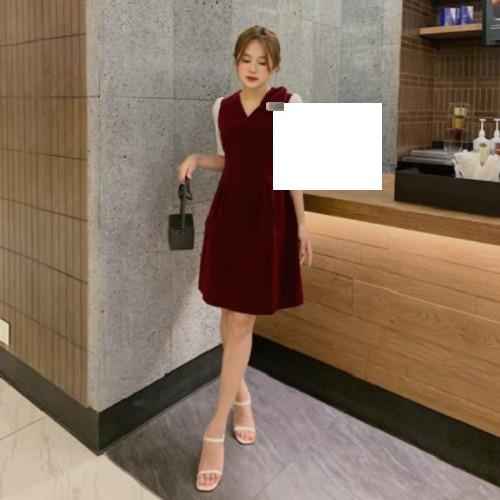 Váy nhung đỏ thu đông cổ tim vai đính nơ phối tay voan - VN06