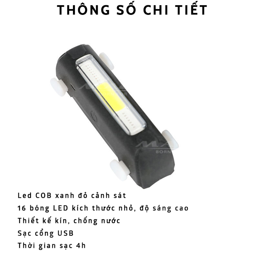 Đèn đuôi xe đạp xanh đỏ cảnh sát COB 120lumens chống nước IPX4 sạc điện FGY306 Mai Lee