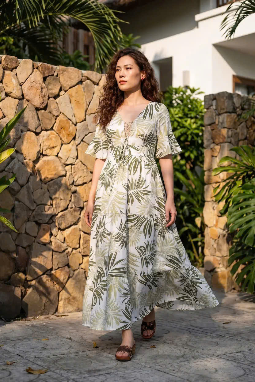 Đầm Maxi Linen Lá Cọ Du Lịch Nhiệt Đới, Đầm Maxi Linen Bích Diệp Dre204 Thời trang Hity