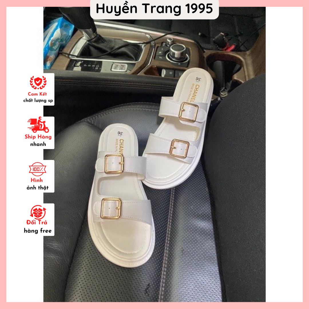 Dép bánh mỳ đế bằng độn cao 3cm , dép bánh mỳ độn đế 2 quai họa tiết khóa đáng yêu