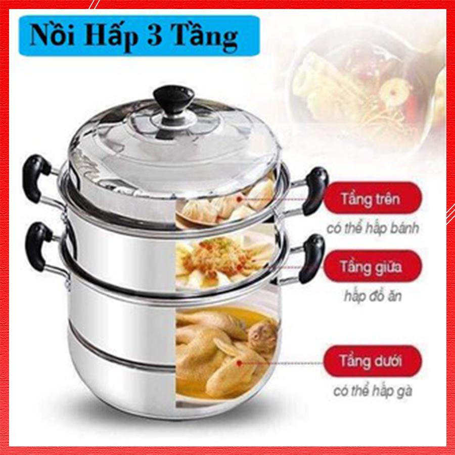 Nồi Xửng Hấp 3 Tầng Inox Sử Dụng Cho Mọi Loại Bếp Thiết Kế Hiện Đại Giúp Thức Ăn Chín Đều Nhanh Kích Thước 28 Cm