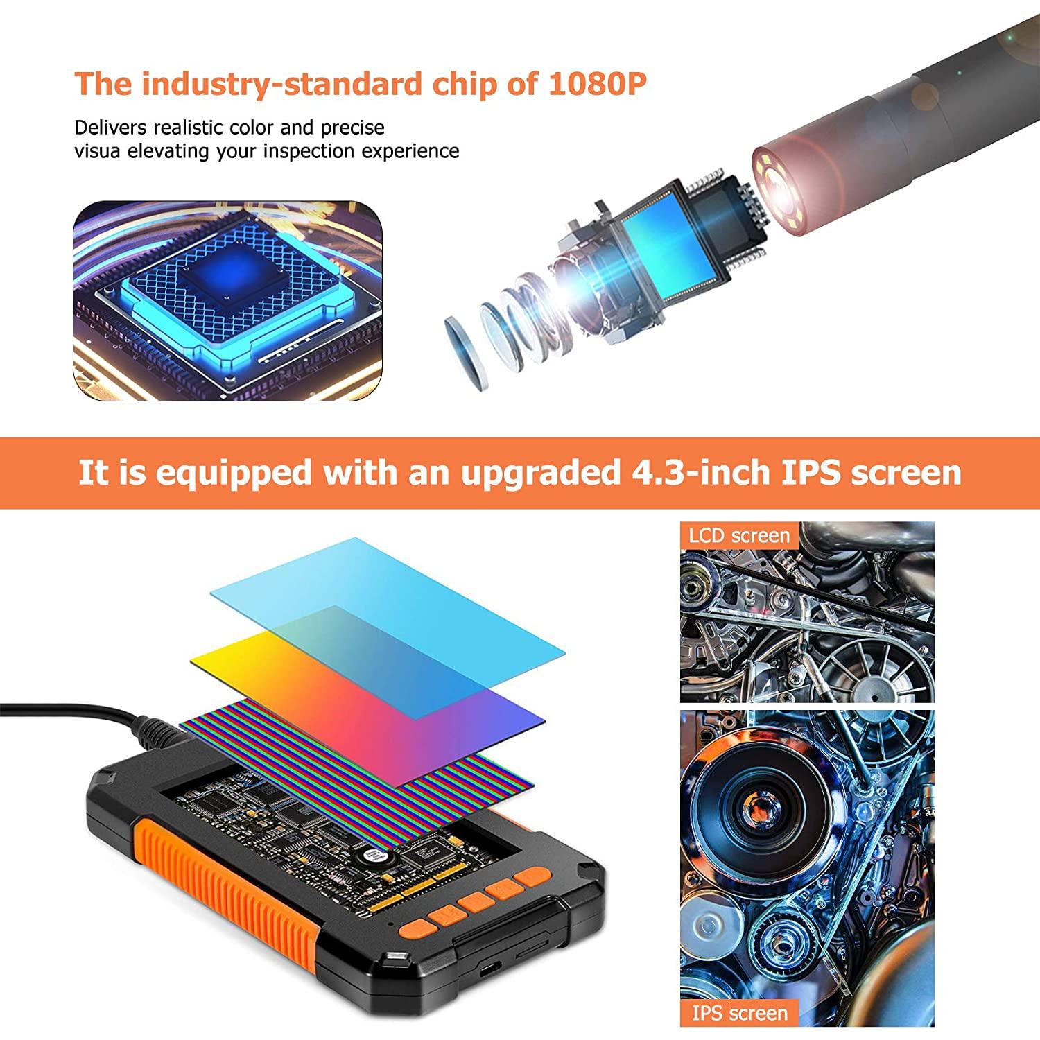 Industrial Endoscope Camera 1080P 4.3 " IPS Single Dual Lens Pipe Car Inspection Camera IP68 Waterproof 8 LEDs For Sewer Engine