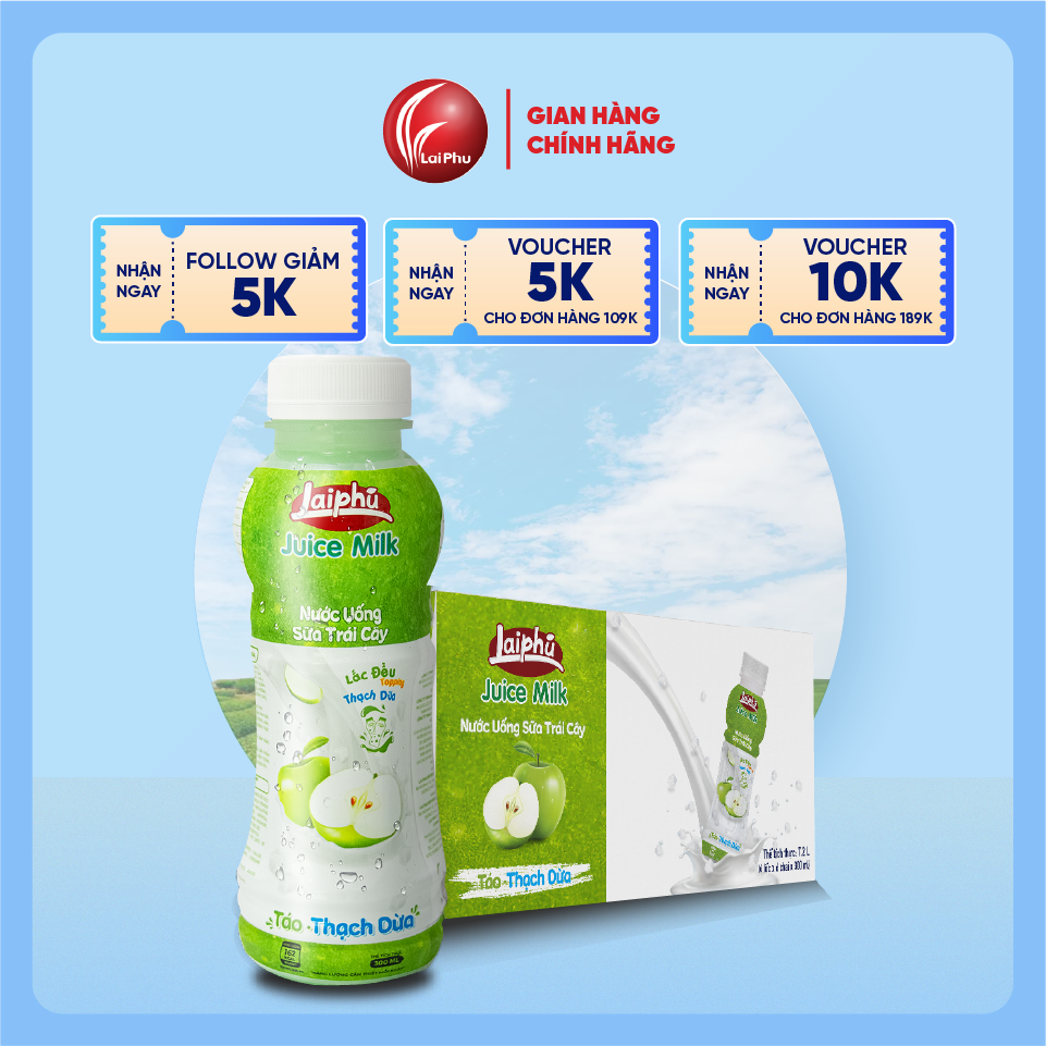 Sữa Trái Cây Táo Thạch Dừa Lai Phú Chai 300ml - Thùng 24 Chai