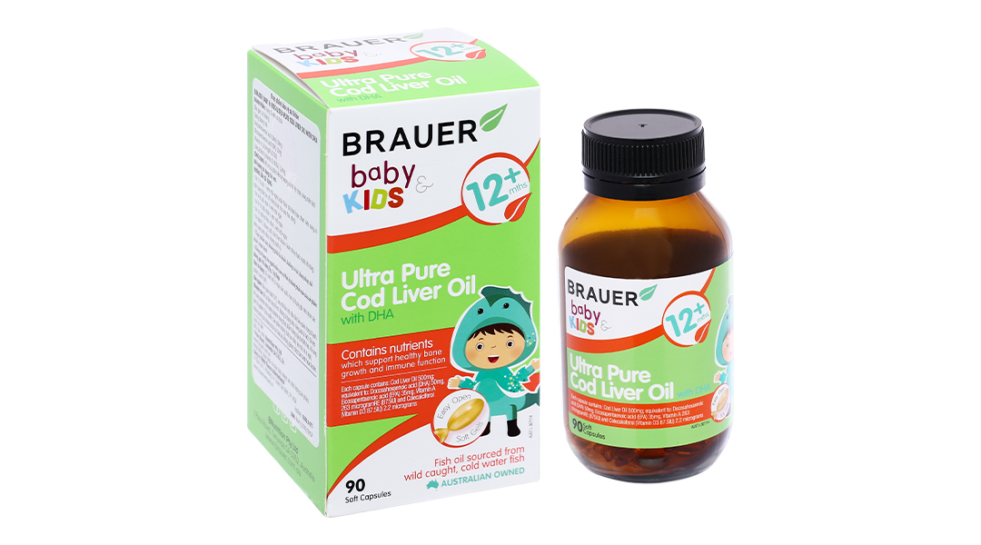 Brauer Ultra Pure Cod Liver Oil With DHA giúp phát triển xương cho bé lọ 90 viên