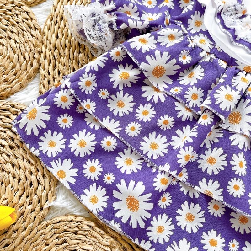 Váy Cúc Tím 3 Tầng Bé Gái 4 Đến 28kg, Đầm Bé Gái Chất Lụa Phối Ren