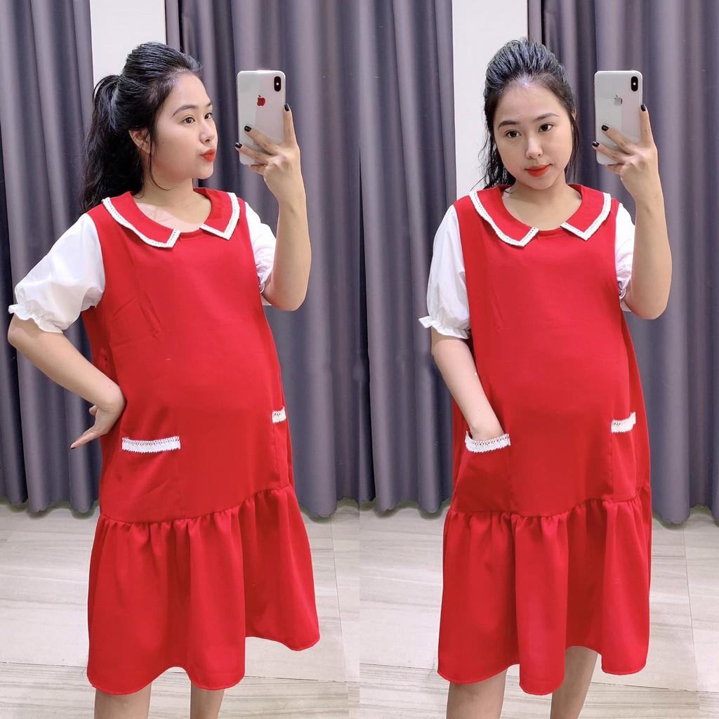 Váy bầu chân cá xếp ly cổ bèo -