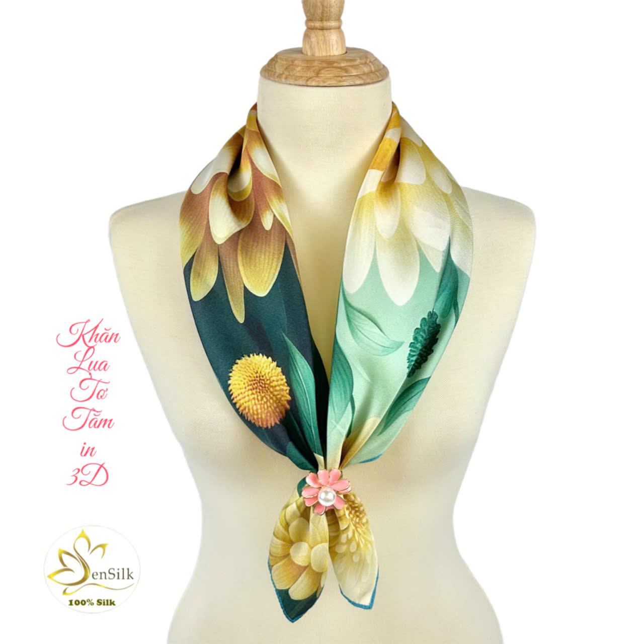 Khăn Lụa Vuông 65x65 in Cúc Vàng - 100% Natural Silk Scarf - Vietnamese Gifts - 3D Printing Design by SenSilk