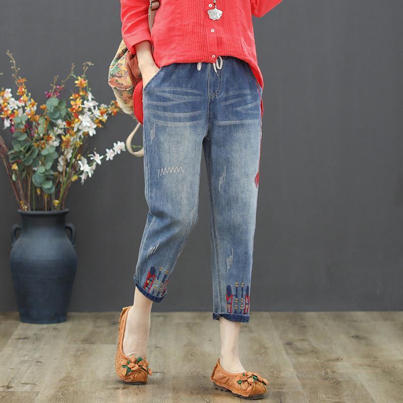 Quần Jeans Lửng Lưng Cao Co Giãn Thêu Họa Tiết Thời Trang Mùa Hè Cho Nữ