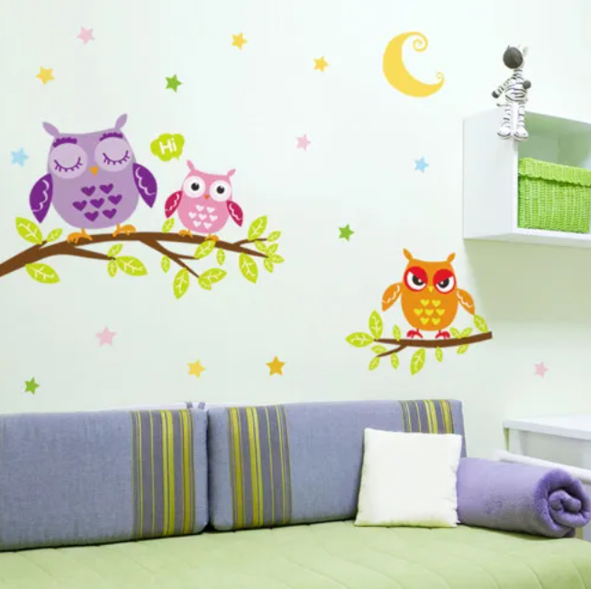 Decal trang trí tường - Gia đình 3 chú cú mèo