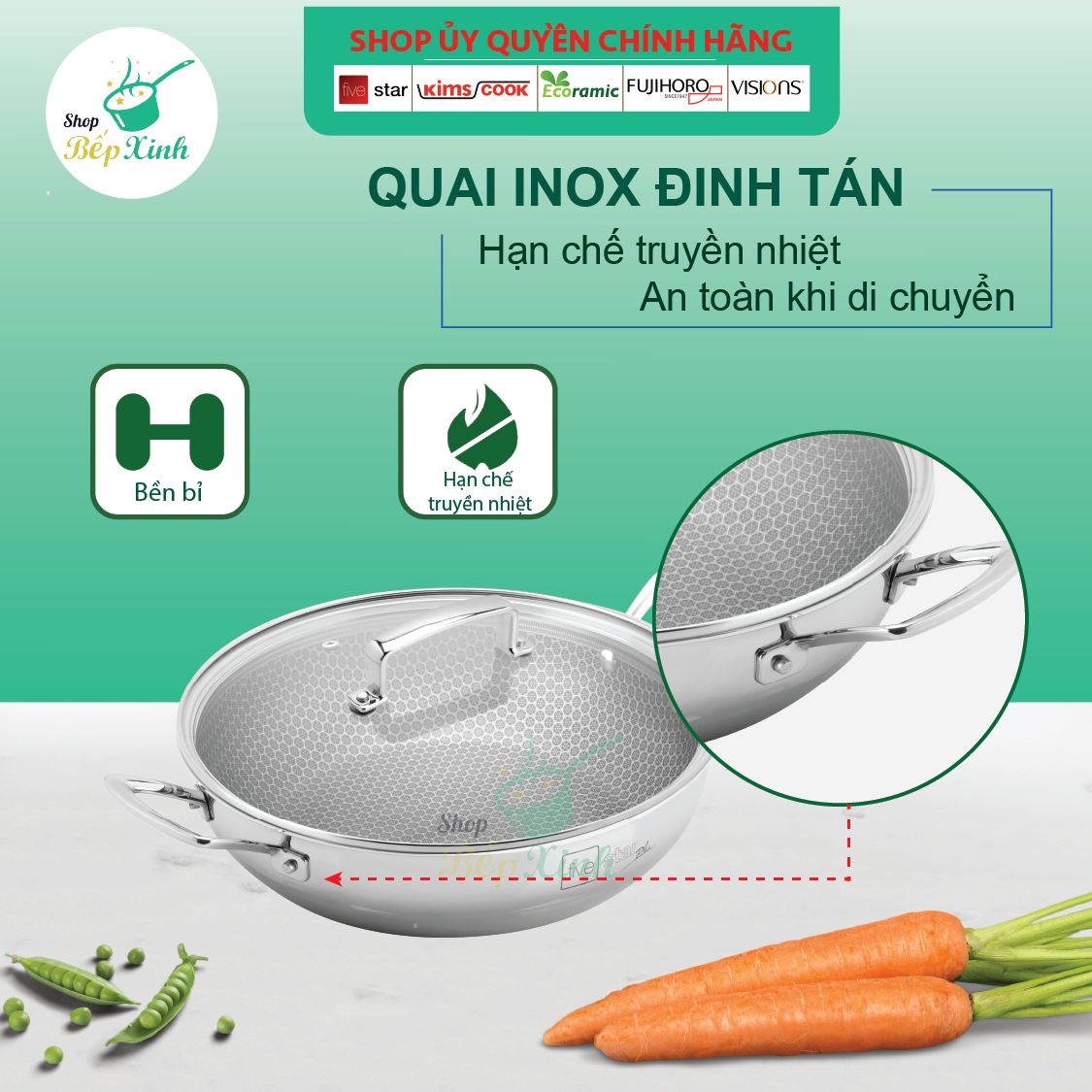 Chảo tổ ong chống dính 2 quai 3 lớp đáy liền inox 304 FiveStar 24cm / 26cm /28cm , tặng 1 sạn inox