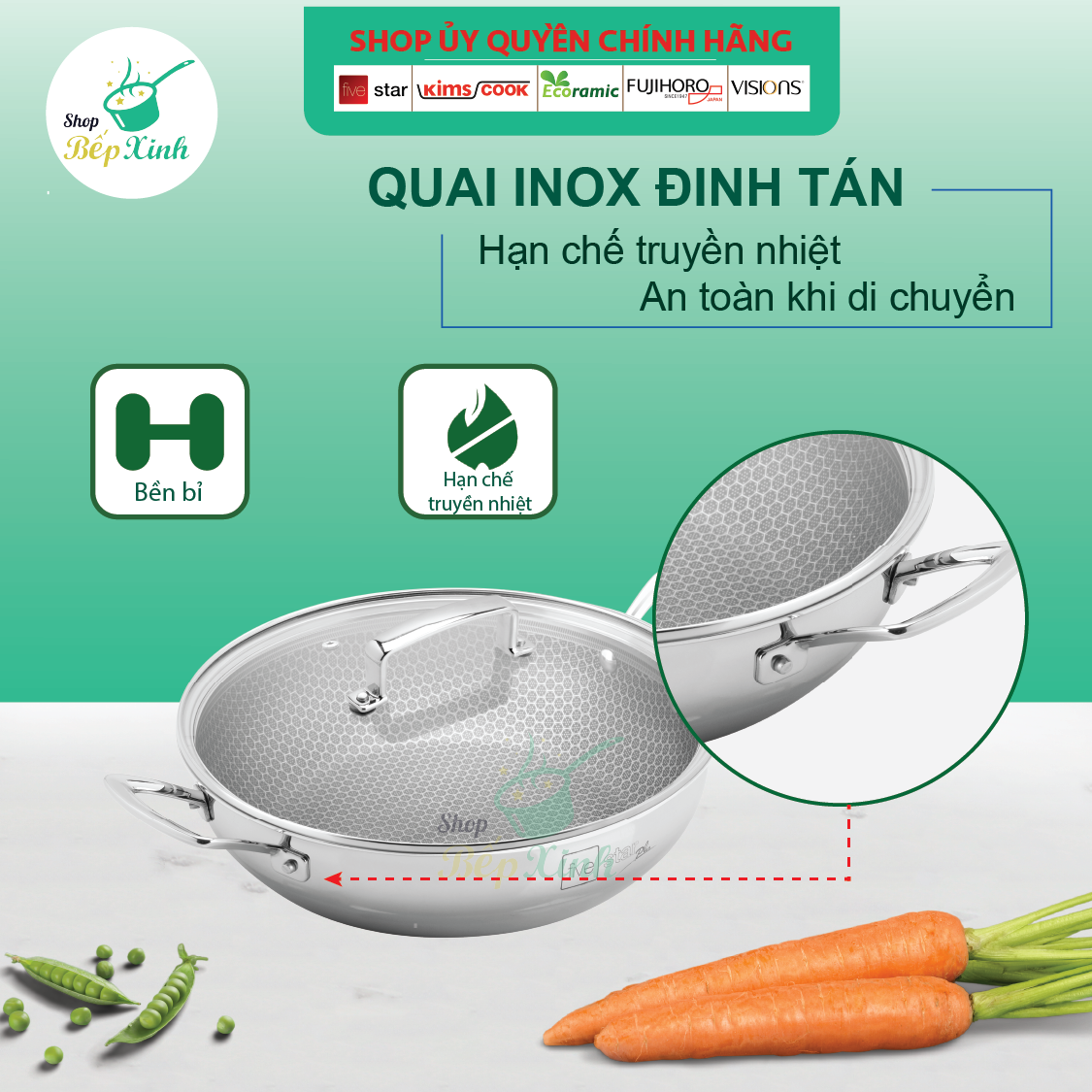 Chảo tổ ong chống dính 2 quai 3 lớp đáy liền inox 304  FiveStar 24cm / 26cm /28cm  , tặng 1 sạn inox