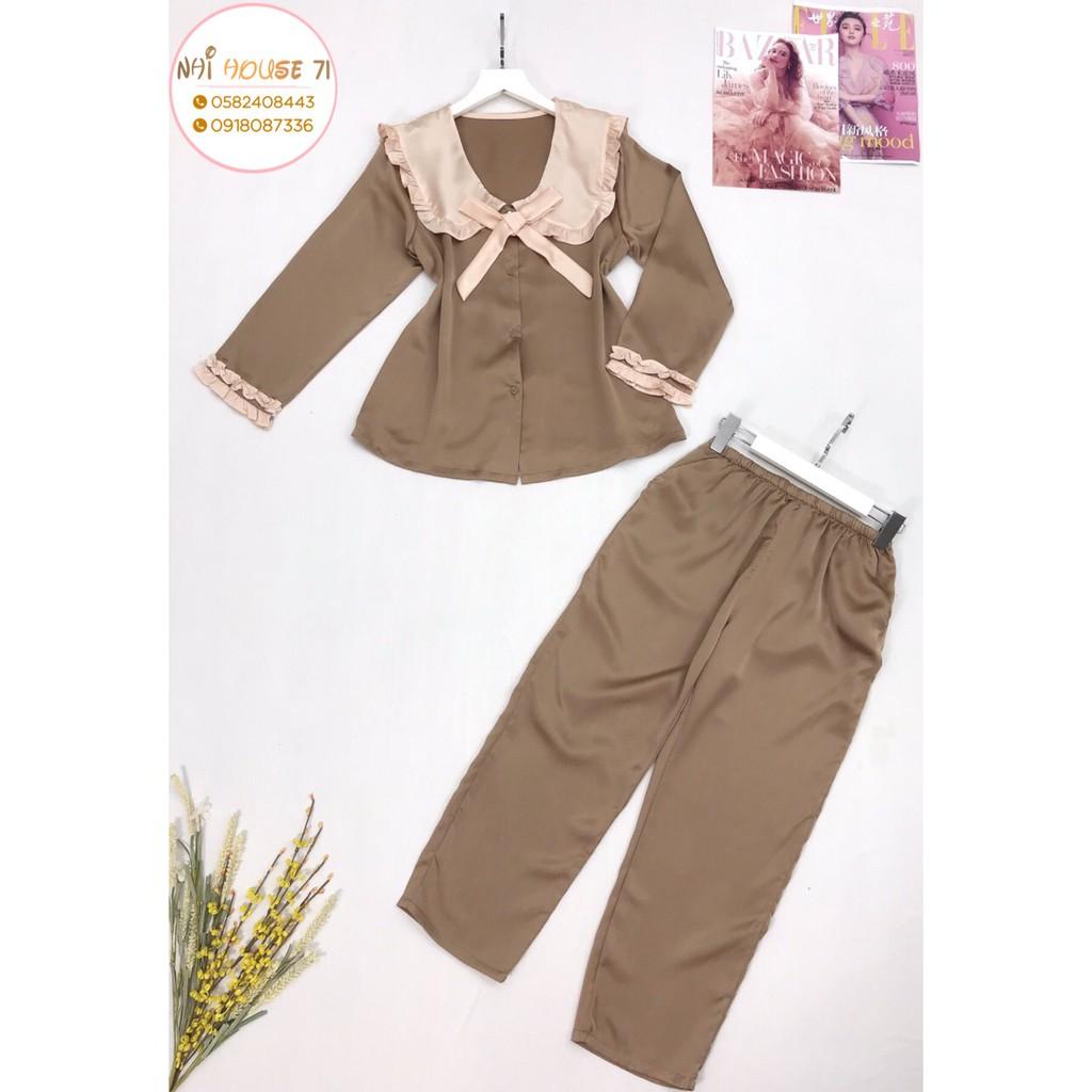Bộ lụa Pijama - Bộ Quần Dài Tay Dài Lụa Satin Tiểu Thư Cổ Phối Bèo Nơ Freesize 45-65kg