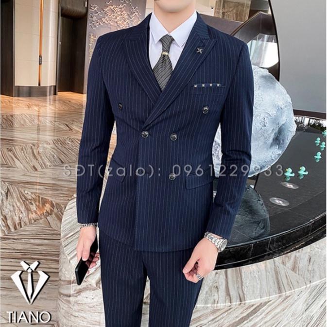 Vest nam cao cấp Hàn Quốc Xanh Than Kẻ cực sang trọng, Suit Nam Cao Cấp - TIANO STORE