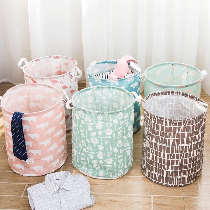 Sọt vải đựng đồ gấp gọn tiện dụng HOẠ TIẾT dễ thương hình trụ có tay cầm - Giỏ vải đựng đồ đa năng Vintage size lớn