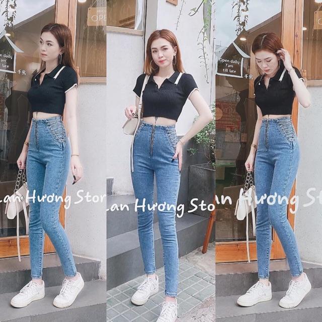 Quần jeans ôm cạp cao phối xích sexy
