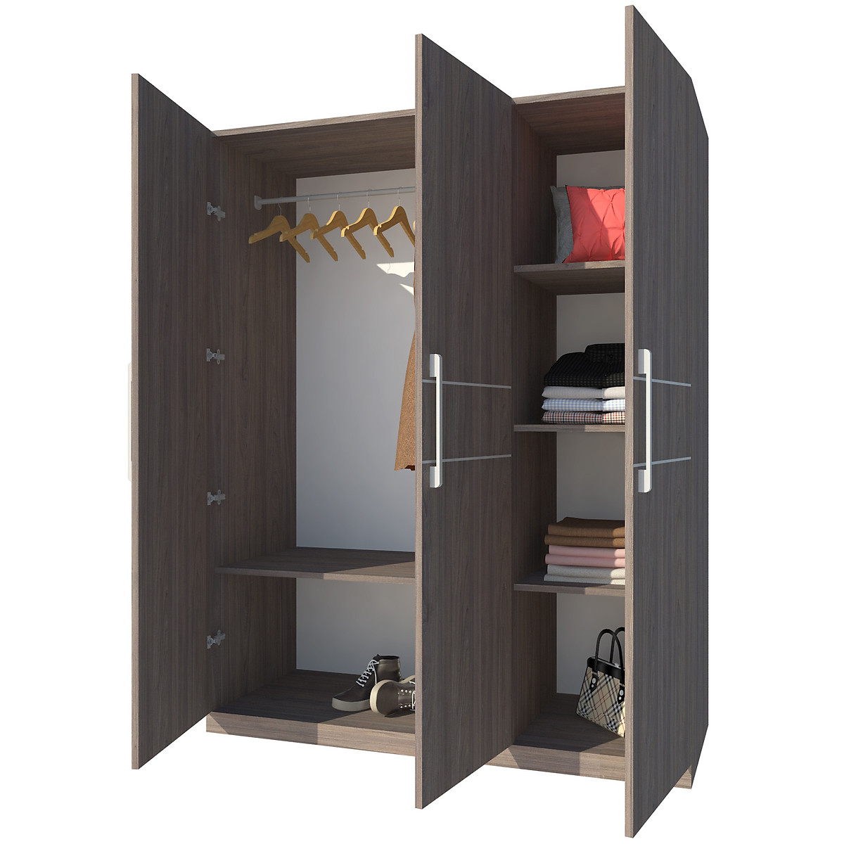 Tủ quần áo gỗ MDF Tundo 4 cánh 3 ngăn đứng màu óc chó 180 x 55  x 200cm