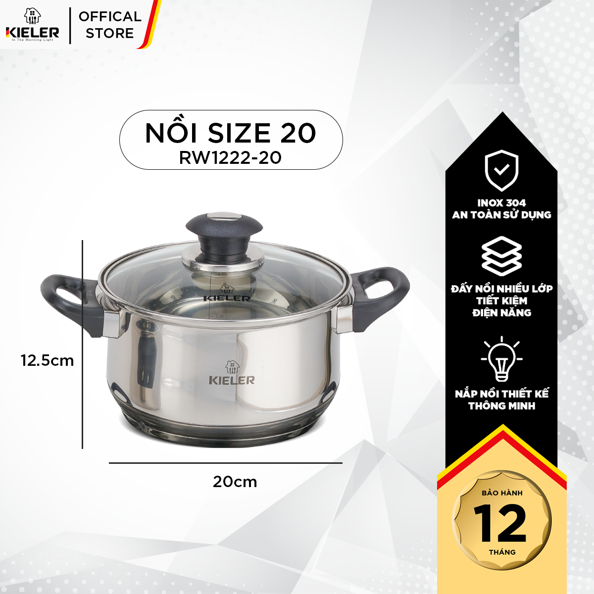 Nồi Inox 5 đáy KIELER đáy từ 20cm nấu nhanh, tiết kiệm điện, có 2 lớp chống dính Whitford ít bám dầu mỡ RW1222-20