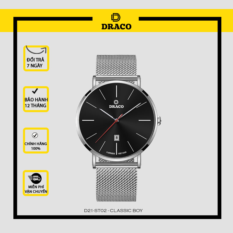 Đồng Hồ Nam DRACO Sang Trọng D21-ST02 “Classic Boy” Đen Lưới Bạc