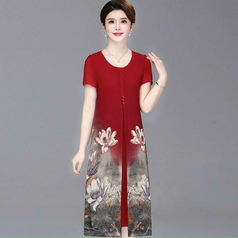 ĐẦM SUÔNG ĐÍNH NÚT IN HOA SEN 2 BÊN