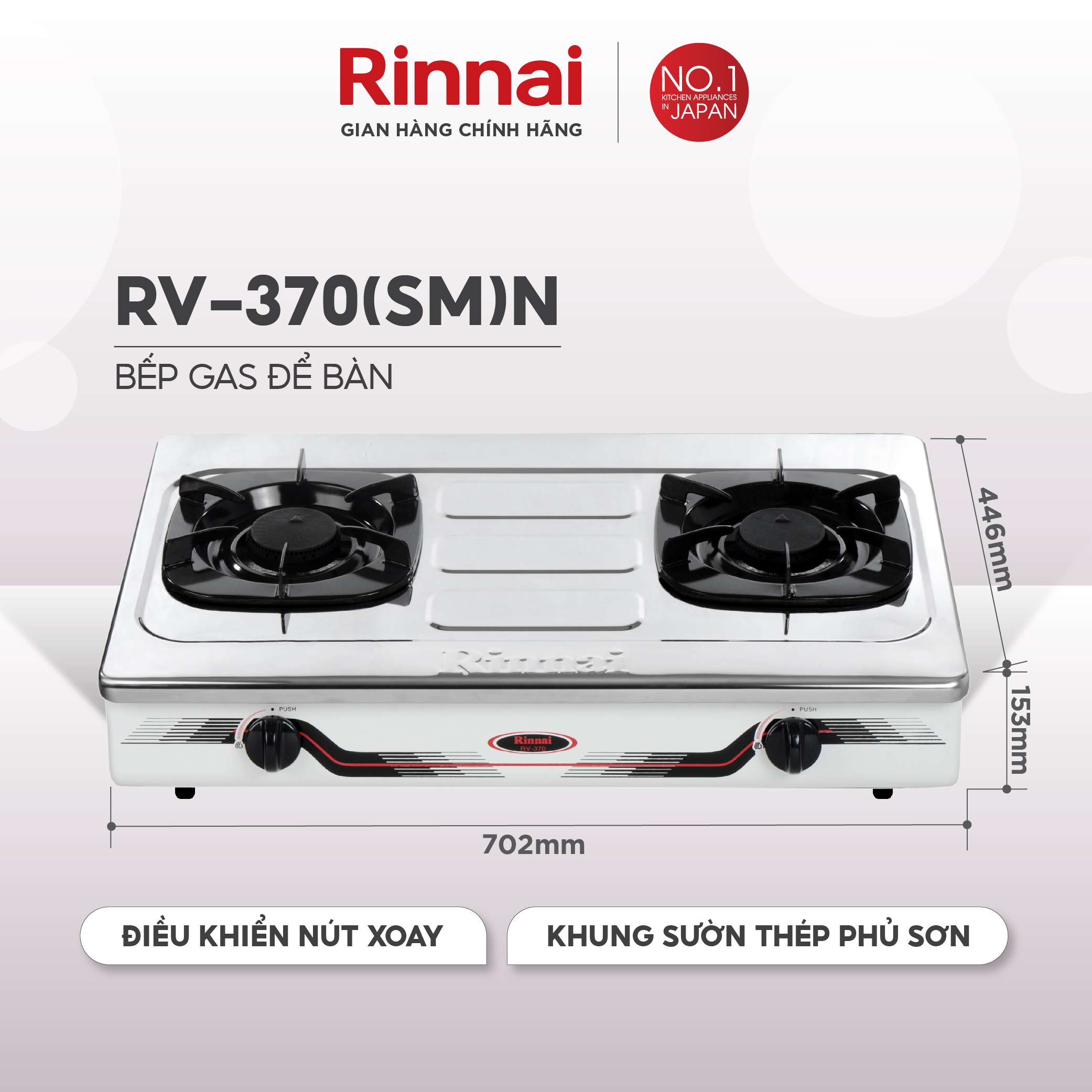 Bếp gas dương Rinnai RV-370N mặt bếp inox và kiềng bếp men - Hàng chính hãng.