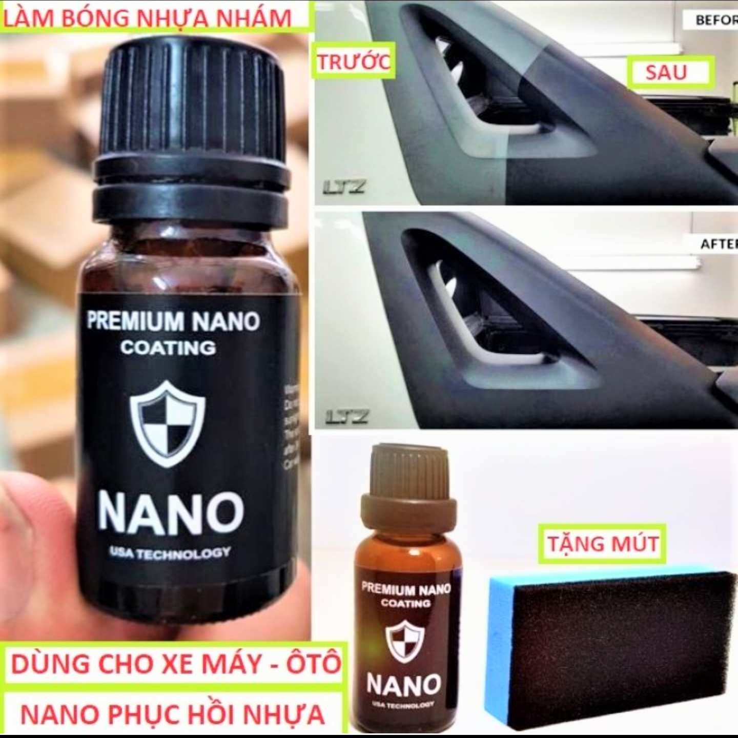 1 CHAI DUNG DỊCH NANO ĐÁNH BÓNG NHỰA NHÁM XE MÁY VÀ ÔTÔ XE HƠI HÀNG CAO CẤP