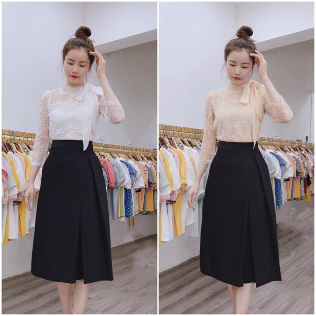 Set áo sơ mi ren buộc nơ mix chân váy tà chéo