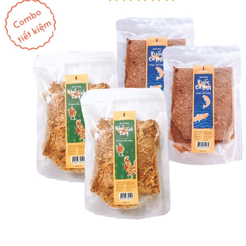 [Bán chạy] (Combo 4 gói tiết kiệm) Bánh Tráng Nướng Khô Gà và Cá Hồi Batrafood Cô Ba - Đặc sản Đà Lạt đồ ăn vặt, mồi nhắm, mồi nhậu ngon, giá rẻ cho dân văn phòng, học sinh