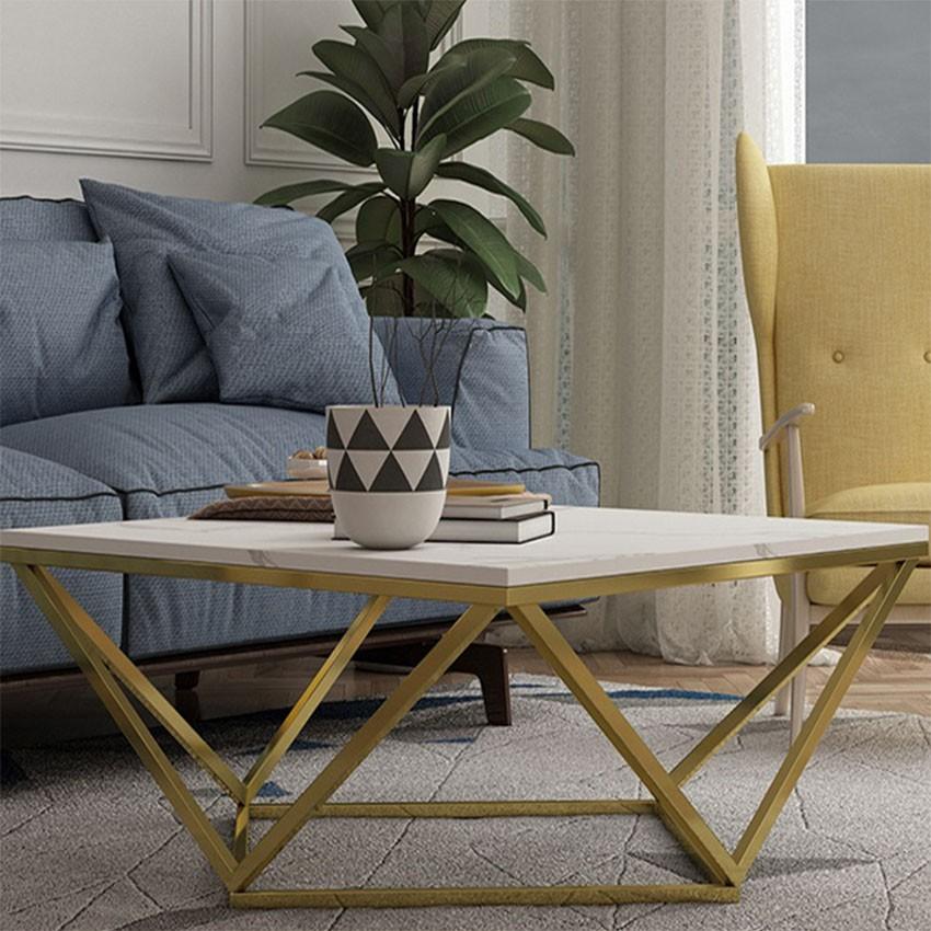 Bàn sofa phòng khách mặt đá hình vuông, chân kim loại lục giác đẹp độc đáo có thể dùng làm bàn trà hoặc bàn cafe