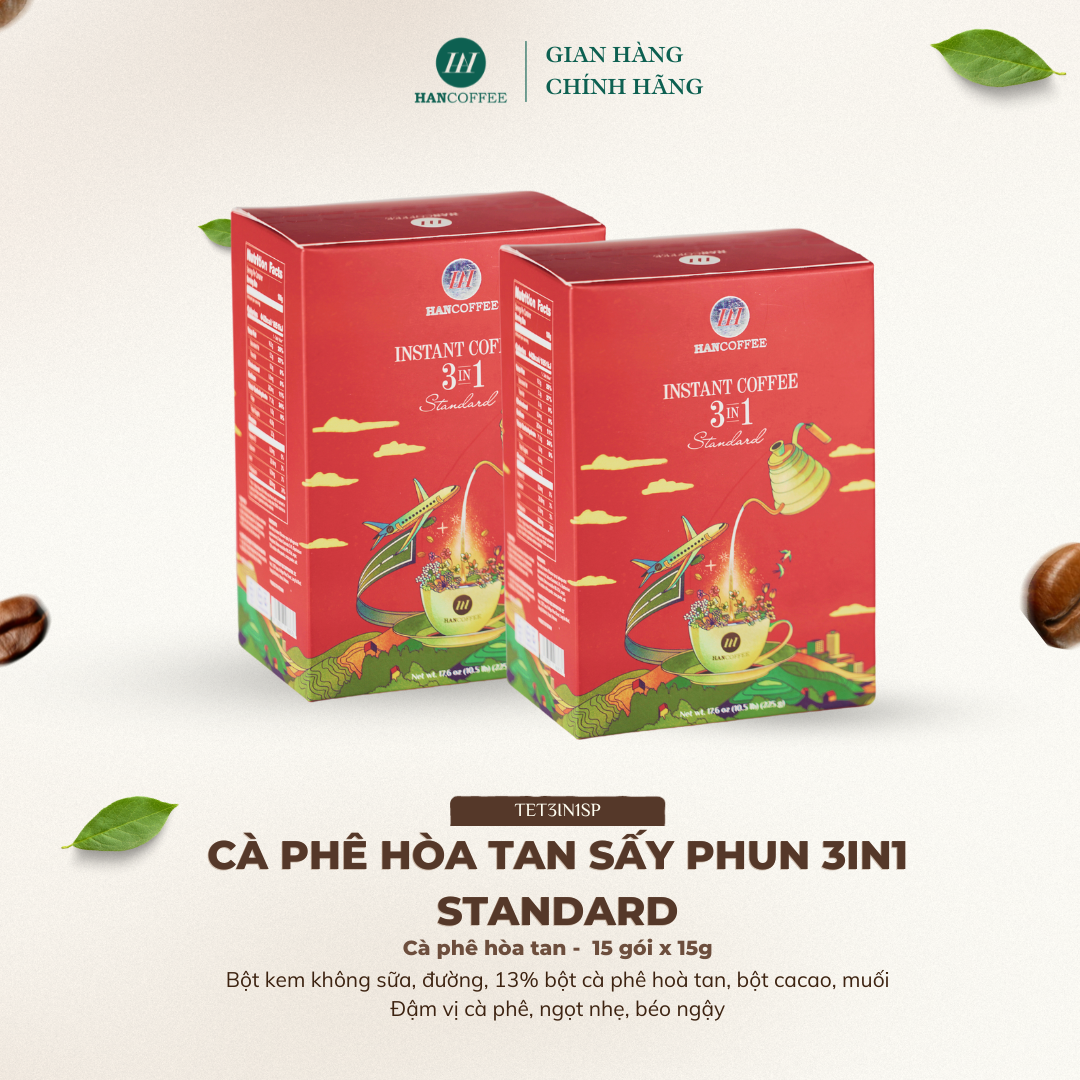 Cà Phê Hoà Tan 3IN1 Sấy Phun Standard HANCOFFEE Hương Vị Đậm Đà Kích Thích Vị Giác 15 Gói - TET3IN1SP