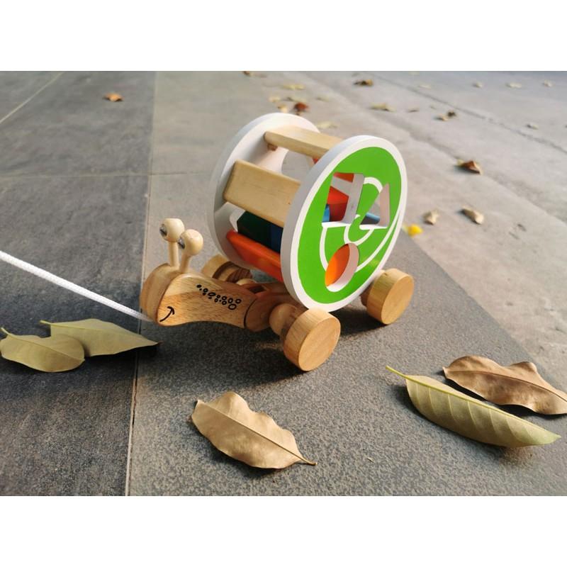 Xe kéo ốc sên thả hình khối bằng gỗ cho bé chơi kéo đẩy và học 5 loại khối