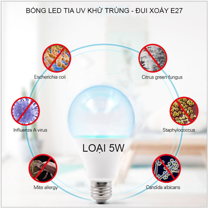 Bóng đèn led tia UV khử trùng, diệt khuẩn, đui xoáy E27, loại 5W-7W tùy chọn