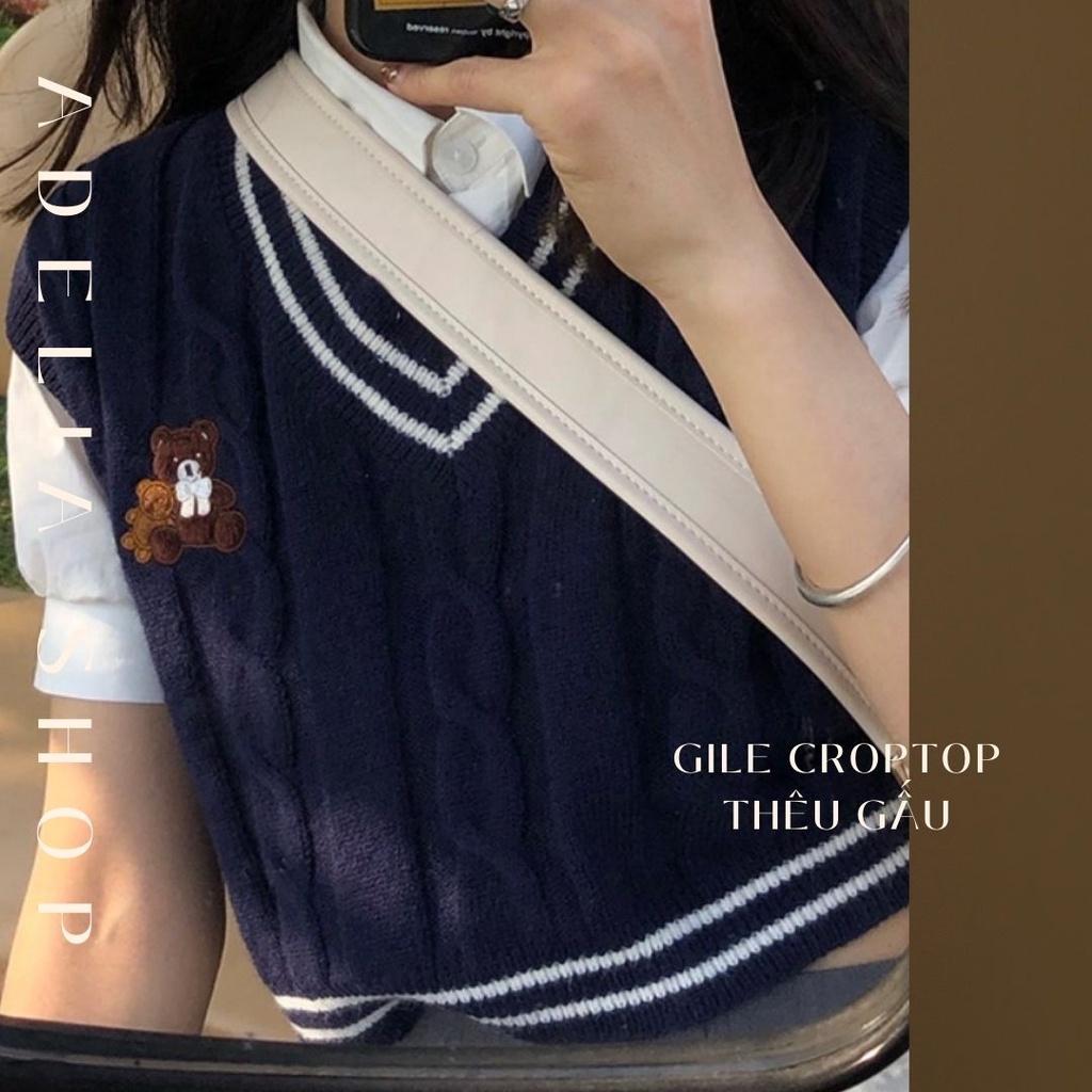 Gile Len Croptop | Áo Len Gile Croptop Len Nữ Xoắn Hàn Quốc Thêu Gấu Xinh Xắn Phong Cách Ulzzang Hàn Quốc