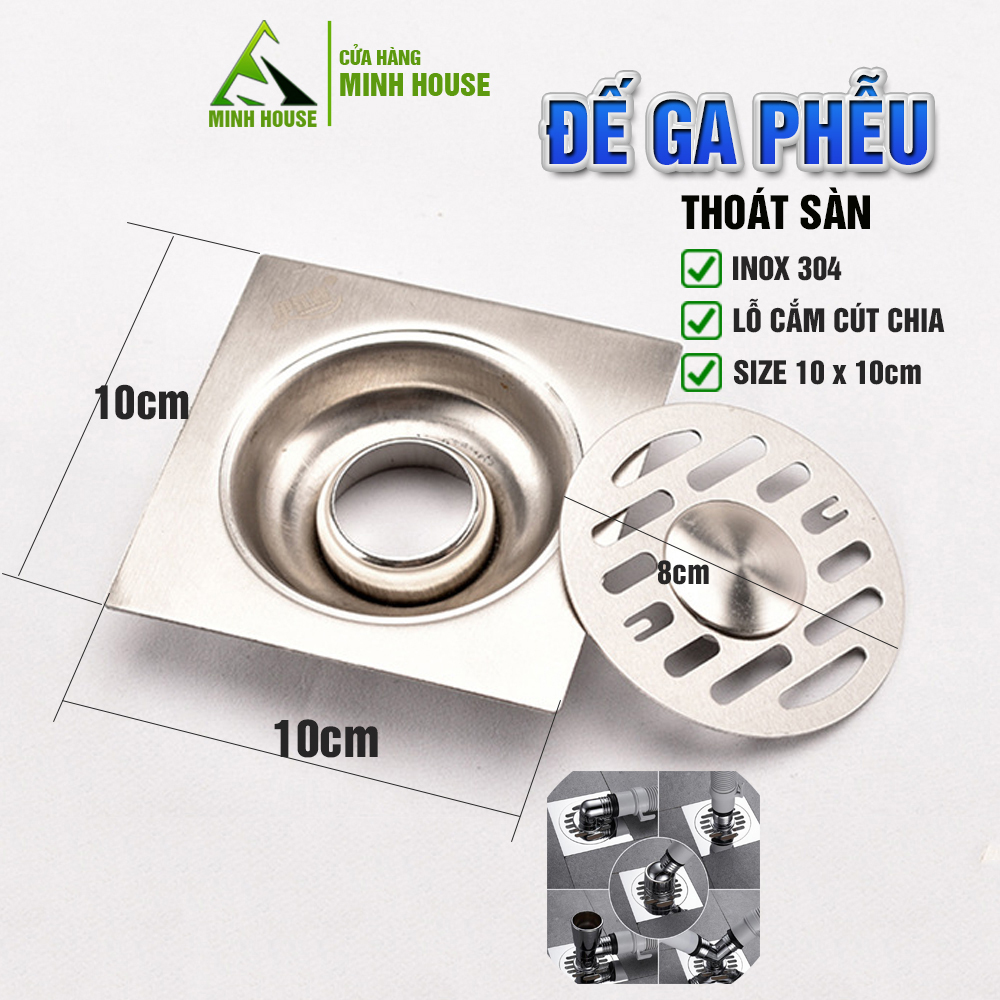 Đế phễu ga thoát sàn Inox có lỗ cắm cổ nối thoát nước máy giặt lắp cut chia thoát nước máy giặt