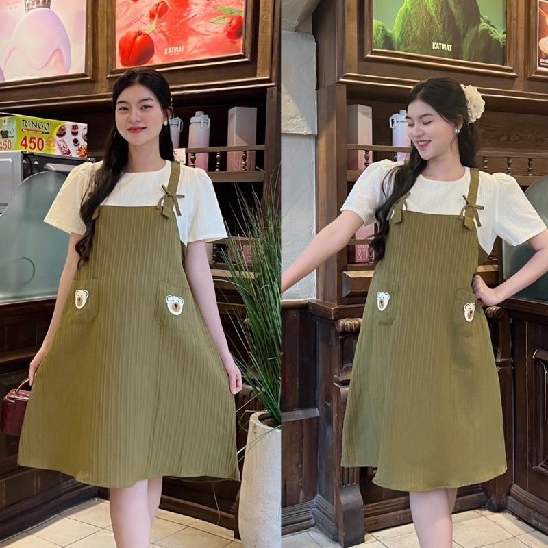 Đầm bầu yếm liền phối túi dễ thương xinh xắn, đầm bầu xinh sang chảnh đi làm đi chơi đều xinh - Nâu