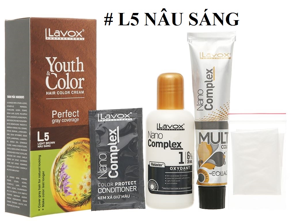 Nâu Cà Phê(Nâu Sáng L5) - Kem Nhuộm Dưỡng Tóc Phủ Bạc Lavox Youth&amp;Color L5 - Màu Nâu Cà Phê (Mẫu Cũ Nâu Sáng)