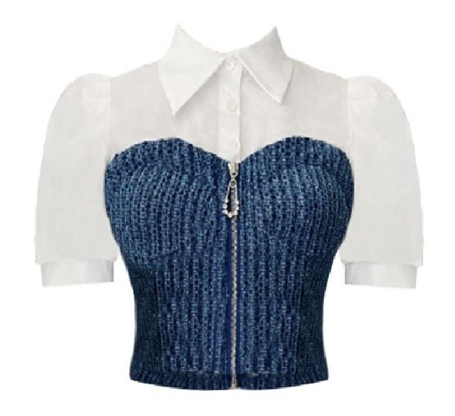 Áo Sơ Mi Crotop Phối Denim Ôm Eo Phong Cách Nữ Chính Chic Drama