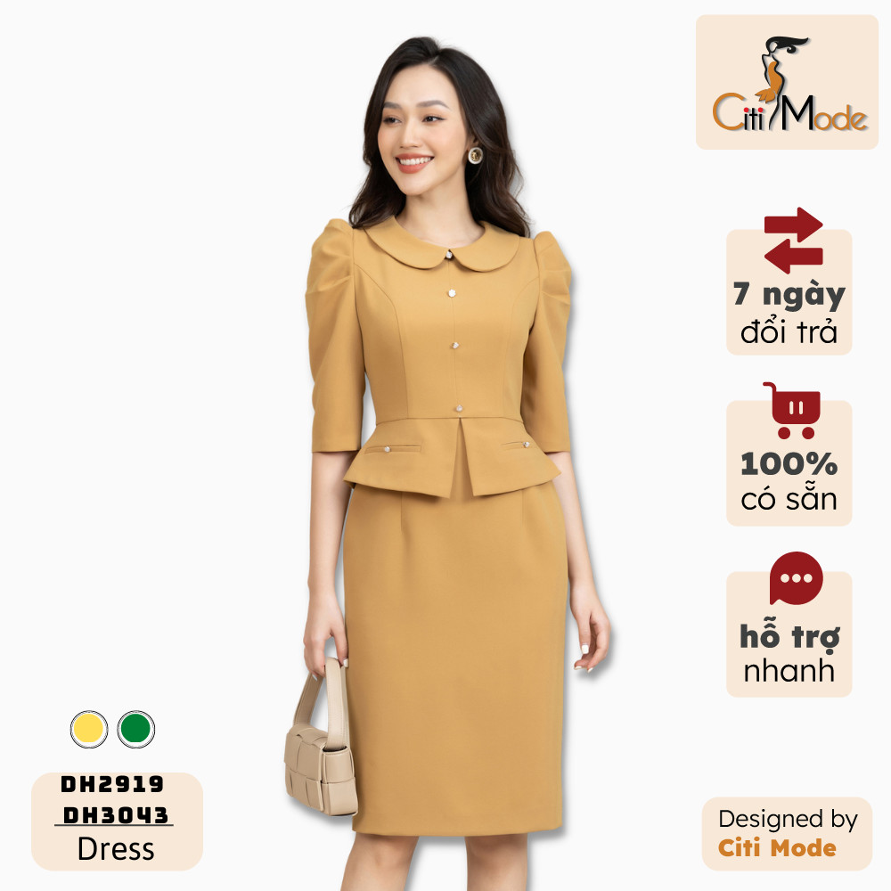 Đầm ôm peplum công sở 3 màu CITI MODE cổ sen đính cúc chất co giãn