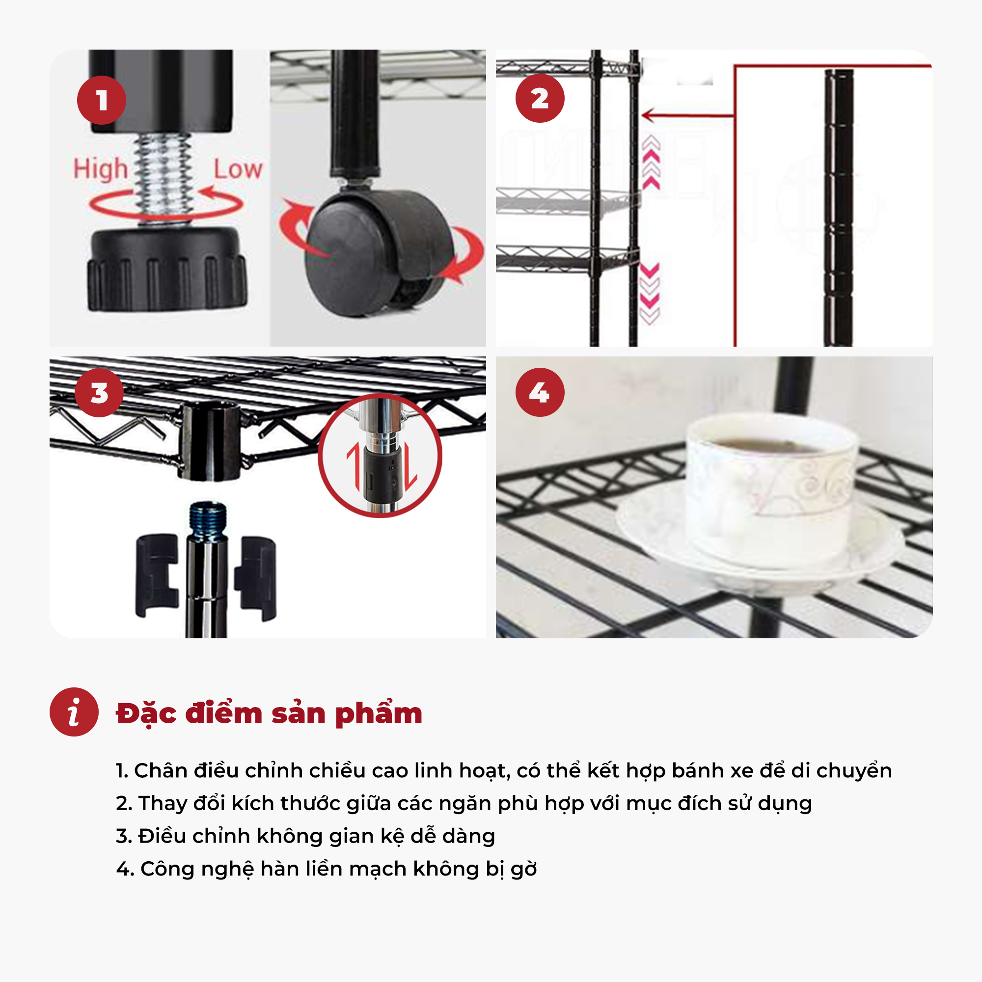 Kệ thép đa năng carbon có bánh xe đẩy 3 tầng dùng trong nhà bếp – màu đen – CJ-B1020B