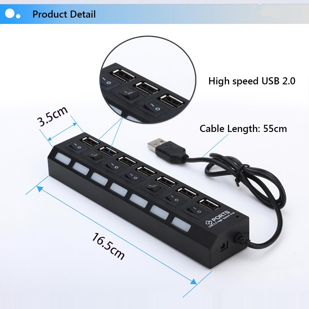 JDL-A7 HUB USB Hub 7 Port USB 2.0 Independent Switch Indicator High Speed Ultra Slim Splitter Hub with USB Cable for